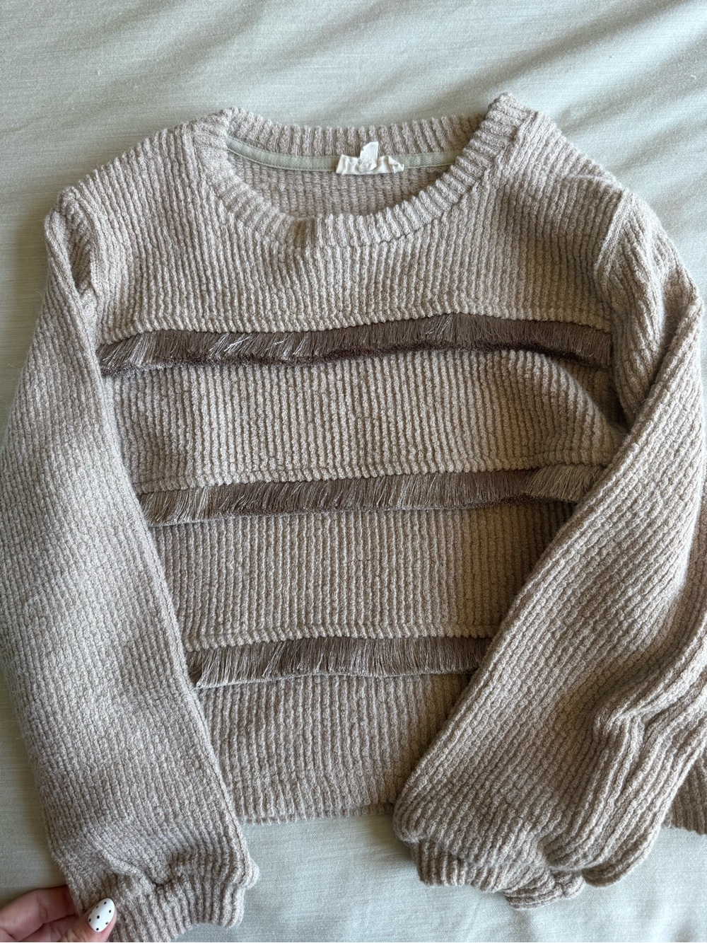 Hayden Girls medium Cozy Crewneck Fringe Detail Sweater - Light Taupe